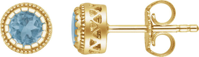 14K Gold Round Natural Swiss Blue Topaz Milgrain Bezel-Set Birthstone Stud Earrings - Yellow Gold