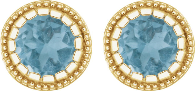 14K Gold Round Natural Swiss Blue Topaz Milgrain Bezel-Set Birthstone Stud Earrings - Yellow Gold - view 2