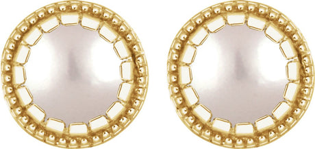 14K Gold Pearl Cultured White Freshwater Pearl Milgrain Bezel-Set Birthstone Stud Earrings - view 2