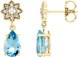 14K Gold Pear Natural Aquamarine Floral Earrings - Yellow Gold