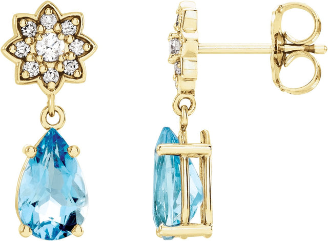 14K Gold Pear Natural Aquamarine Floral Earrings - Yellow Gold