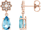 14K Gold Pear Natural Aquamarine Floral Earrings - Rose Gold