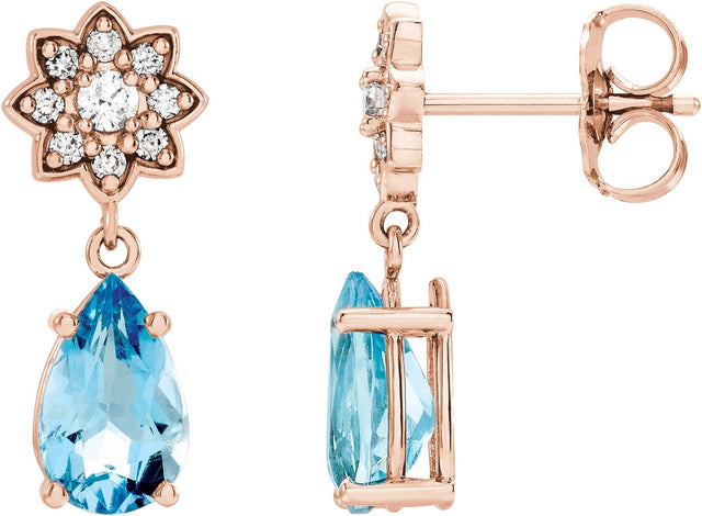 14K Gold Pear Natural Aquamarine Floral Earrings - Rose Gold