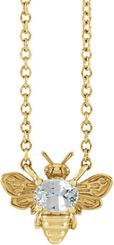 14K Gold Oval Natural White Sapphire Bee Necklace - Yellow Gold