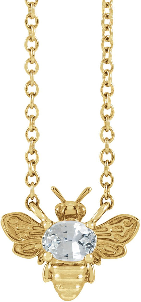 14K Gold Oval Natural White Sapphire Bee Necklace - Yellow Gold