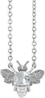 14K Gold Oval Natural White Sapphire Bee Necklace - White Gold