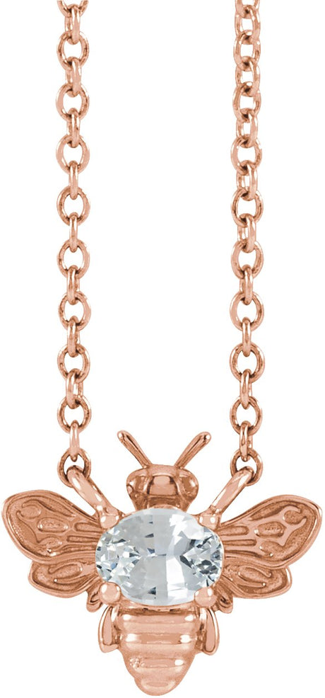 14K Gold Oval Natural White Sapphire Bee Necklace - Rose Gold