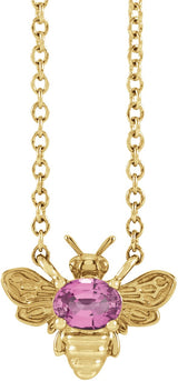 14K Gold Oval Natural Pink Sapphire Bee Necklace - Yellow Gold