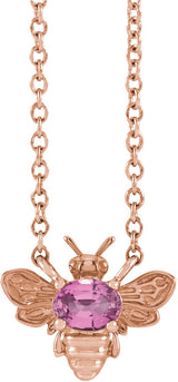 14K Gold Oval Natural Pink Sapphire Bee Necklace - Rose Gold