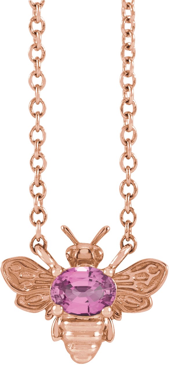 14K Gold Oval Natural Pink Sapphire Bee Necklace - Rose Gold