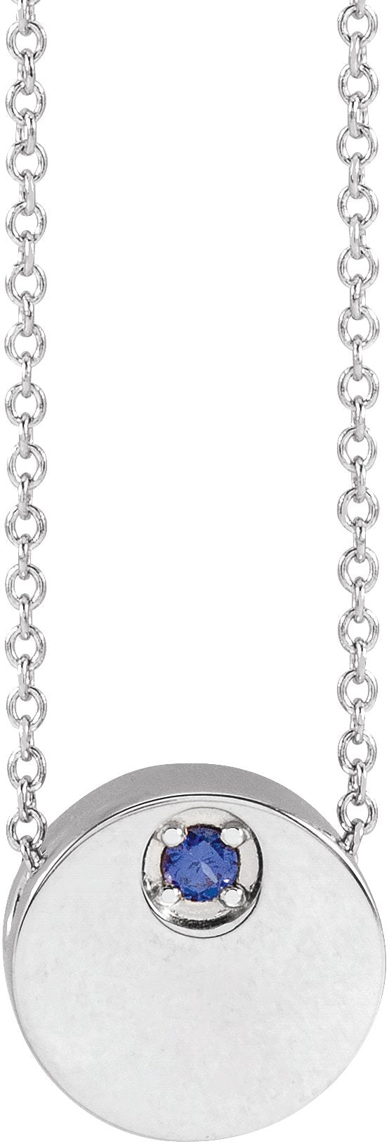 Platinum Round Natural Blue Sapphire Engravable Disc Necklace or Slide Pendant