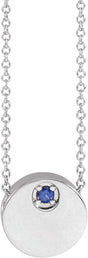 Platinum Round Natural Blue Sapphire Engravable Disc Necklace or Slide Pendant