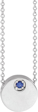 Platinum Round Lab-Grown Blue Sapphire Engravable Disc Necklace or Slide Pendant