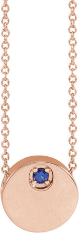 14K Gold Round Natural Blue Sapphire Engravable Disc Necklace or Slide Pendant - Rose Gold