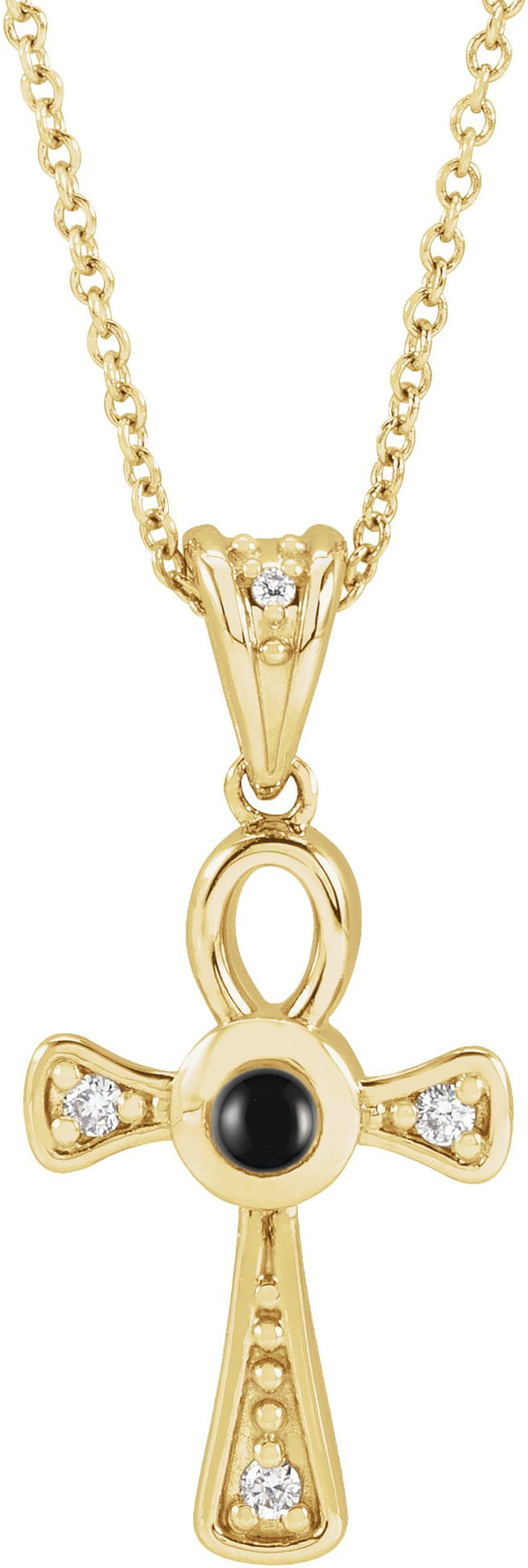 14K Gold Round Natural Onyx & Natural Diamond Cabochon Ankh Cross Necklace or Pendant - Yellow Gold