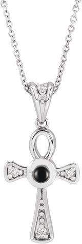 Platinum Round Natural Onyx & Natural Diamond Cabochon Ankh Cross Necklace or Pendant