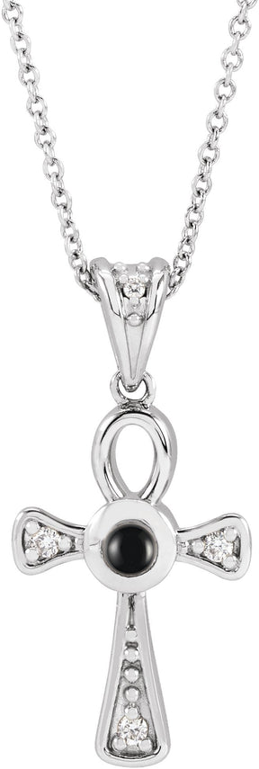 Platinum Round Natural Onyx & Natural Diamond Cabochon Ankh Cross Necklace or Pendant