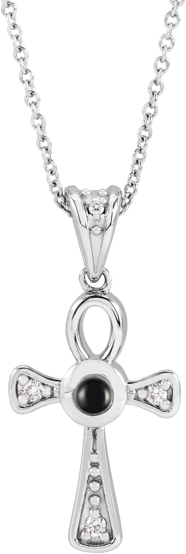 Platinum Round Natural Onyx & Natural Diamond Cabochon Ankh Cross Necklace or Pendant