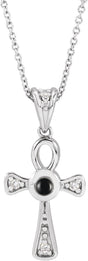 Platinum Round Natural Onyx & Natural Diamond Cabochon Ankh Cross Necklace or Pendant