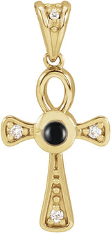 14K Gold Round Natural Onyx & Natural Diamond Cabochon Ankh Cross Necklace or Pendant - Yellow Gold