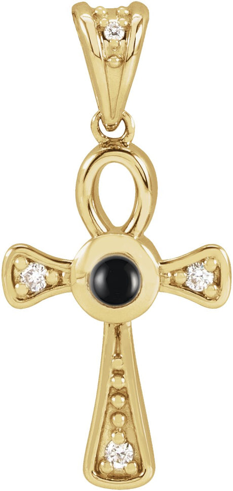 14K Gold Round Natural Onyx & Natural Diamond Cabochon Ankh Cross Necklace or Pendant - Yellow Gold