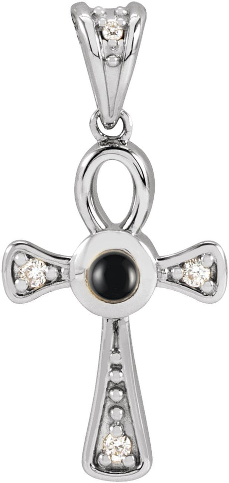 14K Gold Round Natural Onyx & Natural Diamond Cabochon Ankh Cross Necklace or Pendant - White Gold