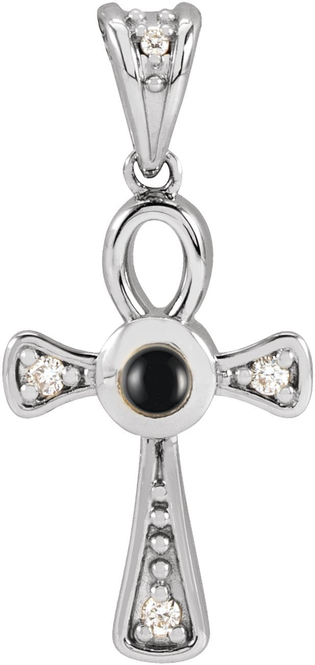 14K Gold Round Natural Onyx & Natural Diamond Cabochon Ankh Cross Necklace or Pendant - White Gold