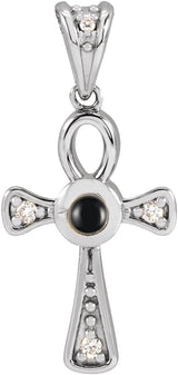 Platinum Round Natural Onyx & Natural Diamond Cabochon Ankh Cross Necklace or Pendant