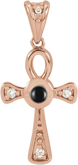 14K Gold Round Natural Onyx & Natural Diamond Cabochon Ankh Cross Necklace or Pendant - Rose Gold