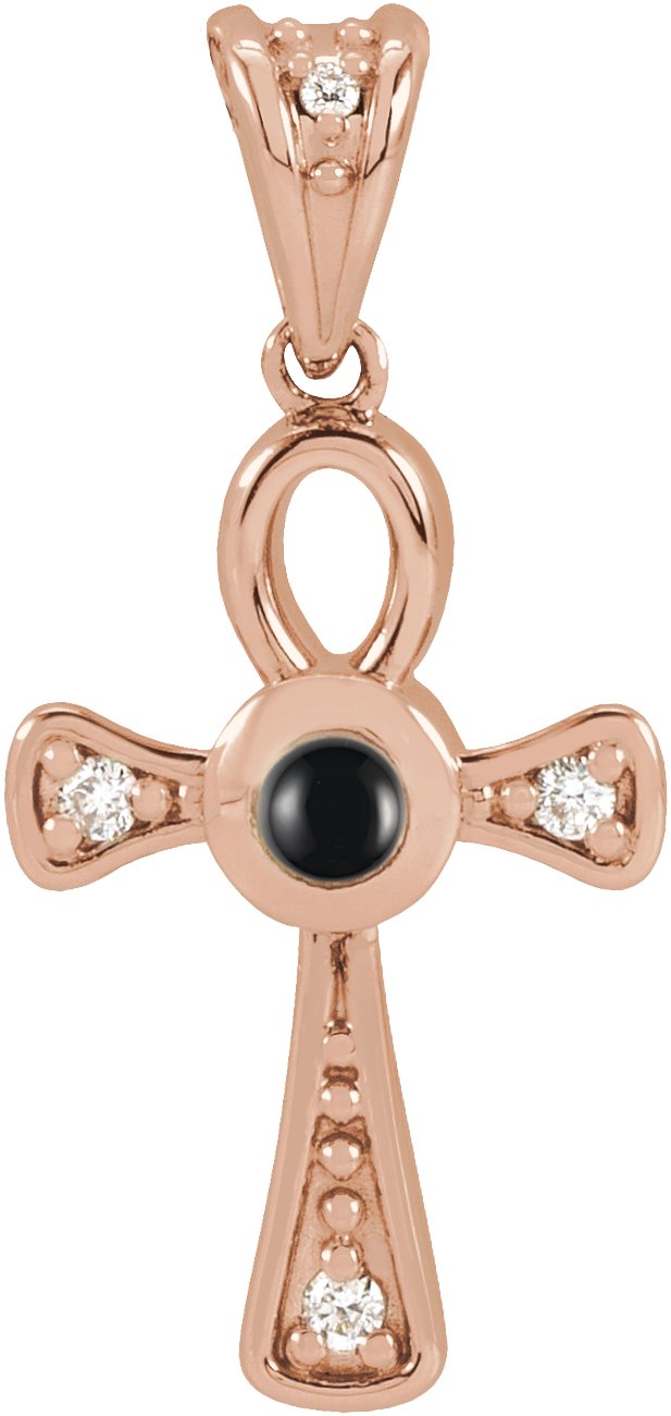 14K Gold Round Natural Onyx & Natural Diamond Cabochon Ankh Cross Necklace or Pendant - Rose Gold