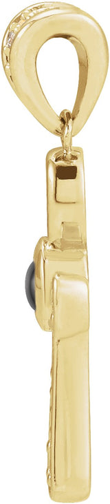 14K Gold Round Natural Onyx & Natural Diamond Cabochon Ankh Cross Necklace or Pendant - Yellow Gold - view 2