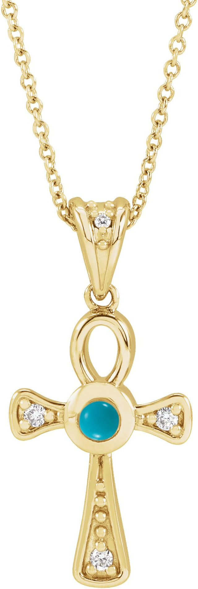 14K Gold Round Natural Turquoise & Natural Diamond Cabochon Ankh Cross Necklace or Pendant - Yellow Gold