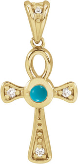 14K Gold Round Natural Turquoise & Natural Diamond Cabochon Ankh Cross Necklace or Pendant - Yellow Gold