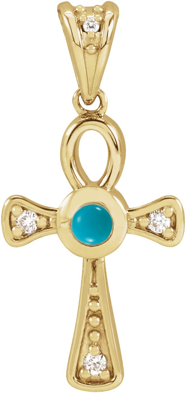 14K Gold Round Natural Turquoise & Natural Diamond Cabochon Ankh Cross Necklace or Pendant - Yellow Gold