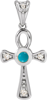 14K Gold Round Natural Turquoise & Natural Diamond Cabochon Ankh Cross Necklace or Pendant - White Gold