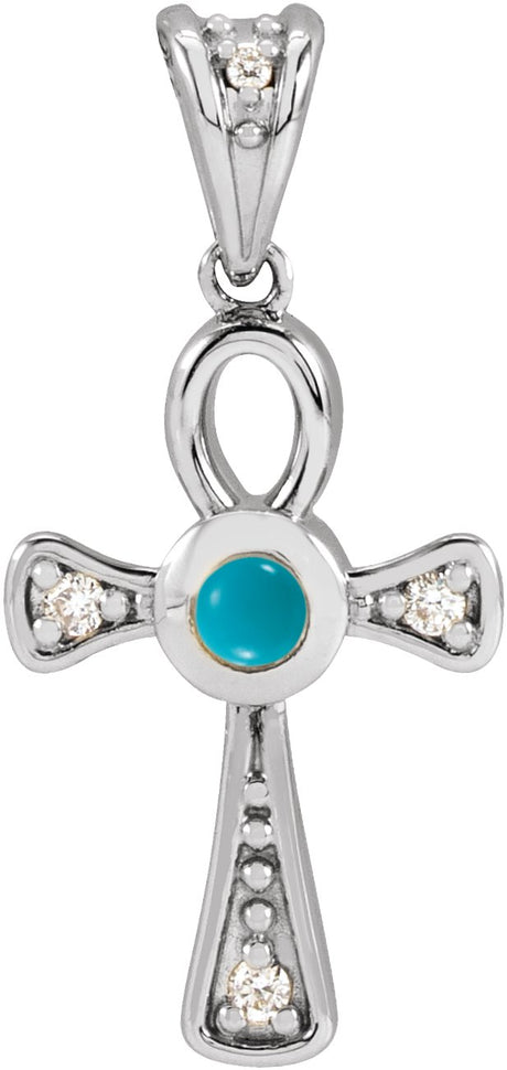 Platinum Round Natural Turquoise & Natural Diamond Cabochon Ankh Cross Necklace or Pendant