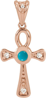 14K Gold Round Natural Turquoise & Natural Diamond Cabochon Ankh Cross Necklace or Pendant - Rose Gold