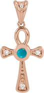 14K Gold Round Natural Turquoise & Natural Diamond Cabochon Ankh Cross Necklace or Pendant - Rose Gold