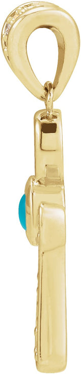 14K Gold Round Natural Turquoise & Natural Diamond Cabochon Ankh Cross Necklace or Pendant - Yellow Gold - view 2