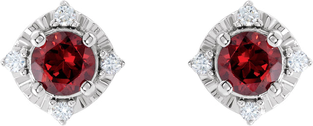 14K Gold Round Natural Mozambique Garnet & Natural Diamond Halo-Style Birthstone Earrings – 4.5mm Stones - White Gold - view 2