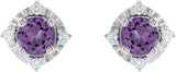 14K Gold Round Natural Amethyst & Natural Diamond Halo-Style Birthstone Earrings – 4.5mm Stones - White Gold - view 2