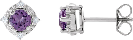14K Gold Round Natural Amethyst & Natural Diamond Halo-Style Birthstone Earrings – 4.5mm Stones - White Gold