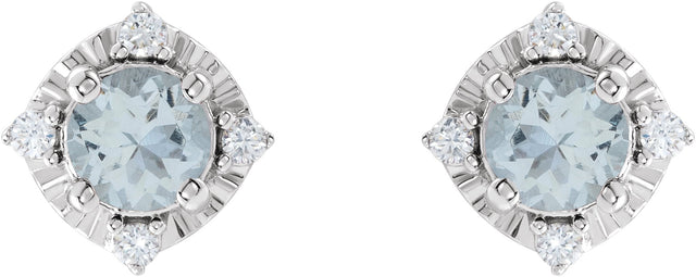 14K Gold Round Natural Aquamarine & Natural Diamond Halo-Style Birthstone Earrings – 4.5mm Stones - White Gold - view 2