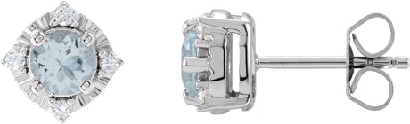 14K Gold Round Natural Aquamarine & Natural Diamond Halo-Style Birthstone Earrings – 4.5mm Stones - White Gold
