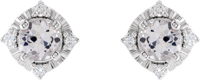 14K Gold Round Lab-Grown White Sapphire & Natural Diamond Halo-Style Birthstone Earrings – 4.5mm Stones - White Gold - view 2