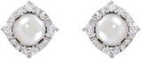 14K Gold Pearl Cultured White Freshwater Pearl & Natural Diamond Halo-Style Birthstone Earrings II - White Gold - view 2