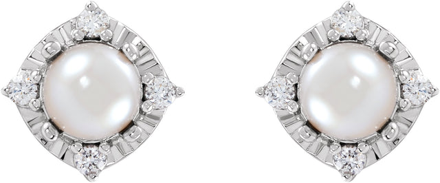 14K Gold Pearl Cultured White Freshwater Pearl & Natural Diamond Halo-Style Birthstone Earrings II - White Gold - view 2