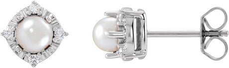 14K Gold Pearl Cultured White Freshwater Pearl & Natural Diamond Halo-Style Birthstone Earrings II - White Gold