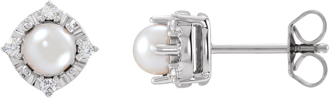14K Gold Pearl Cultured White Freshwater Pearl & Natural Diamond Halo-Style Birthstone Earrings II - White Gold