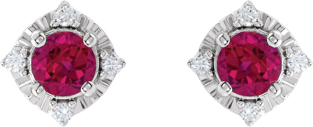 14K Gold Round Lab-Grown Ruby & Natural Diamond Halo-Style Birthstone Earrings – 4.5mm Stones - White Gold - view 2